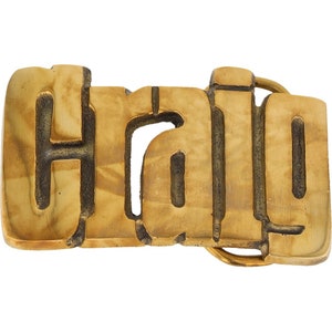 Etiqueta de nombre de Craig Craigory Craigson Craigton de latón nuevo, hebilla de cinturón vintage de los años 70 con letras de burbuja estilo hippie retro, con texto "Hola, mi hijo"