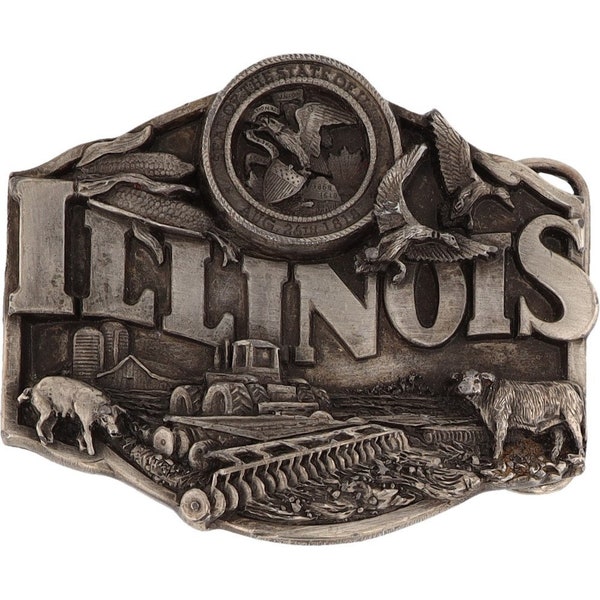 Illinois Farming Farm Farmer Cubs Bears White Sox 80s Vintage Belt Buckle Chitown Windy City Skyline Chicago State Travel Western Cowboy