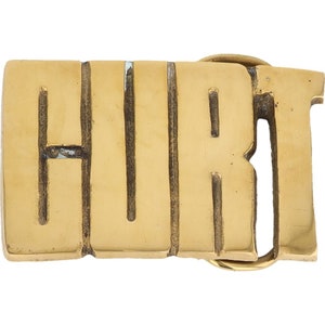Hebilla de cinturón vintage de latón nuevo de Curt Curtis Curton Curtez de los años 70 con barra de letras de burbuja estilo hippie retro Hola mi Is