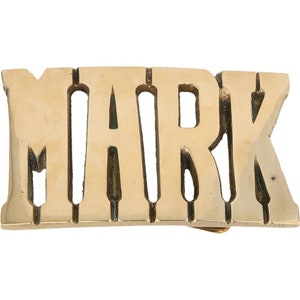 Etiqueta de nombre de latón nuevo Mark Marc Marco Markus, hebilla de cinturón vintage de los años 70, estilo hippie, estilo retro, con letras de burbuja, estilo hippie, Hola, mi Is
