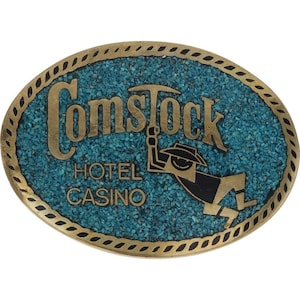 New Brass Turquoise Comstock Hotel Casino Reno Nevada Nos Vintage Belt Buckle Poker Slots Gambling Game Betting Playing Player Vegas