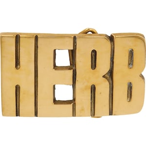 Nueva etiqueta de nombre de latón Herb Herbert Herbie Herbster de los años 70 con hebilla de cinturón vintage con letras de burbuja estilo hippie retro Hola mi Is