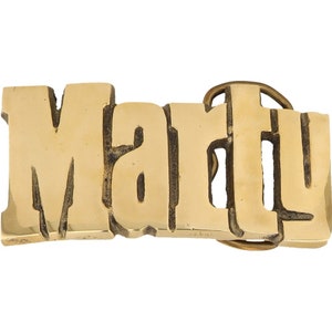 Etiqueta de nombre de latón nuevo Marty Martin Mart Martie, hebilla de cinturón vintage de los años 70, estilo hippie, estilo retro, con letras de burbuja, de Hello My Is
