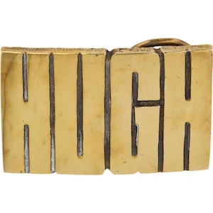 Nueva etiqueta de nombre de latón Hugh Hugo Hughie Hughton, hebilla de cinturón vintage de los años 70 con letras de burbuja estilo hippie retro, barra con texto "Hola, mi hijo"