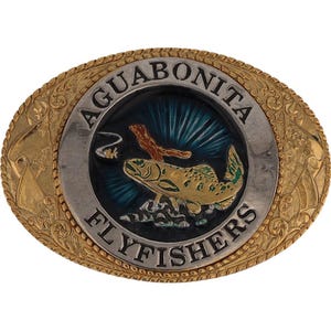 Aguabonita Flyfisher Trout Fish Fisherman Fly Fishing Nos Vintage Belt Buckle Salmon Golden