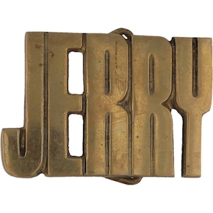 Hebilla de cinturón vintage de latón con el nombre Jerry Gerald, estilo hippie, vaquero, estilo western, años 70, personalizada, con letras de burbuja retro