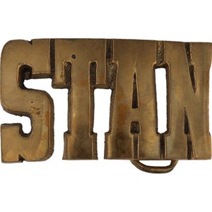 Hebilla de cinturón vintage de latón Stan Stanley con diseño de ballena, para surfear, bucear, hippie, de los años 70, con letras de burbuja personalizadas y estilo retro