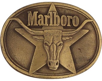 New Brass Marlboro Cattle Bull Longhorn Cigarette Western Cowboy Vintage Belt Buckle Rancher Tobacciana Tobacco Smoker Texas Star