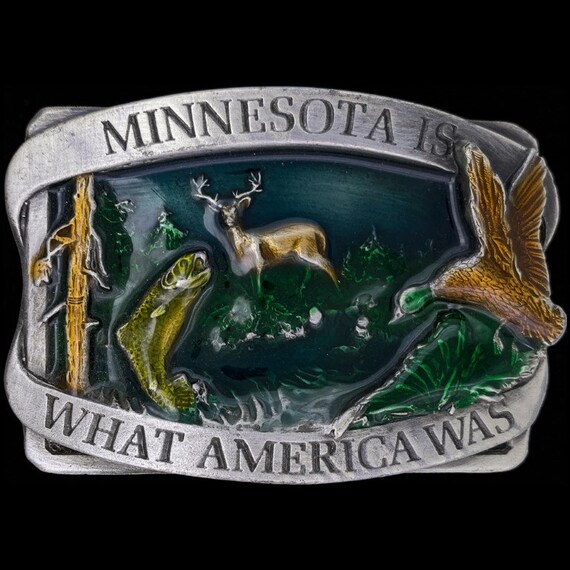 Minnesota Hunting Fishing Duck Western Hunter NOS Vintage Belt Buckle Deer  Elk Trout Fly Fishing University Twin Cities Great Lakes Cowboy