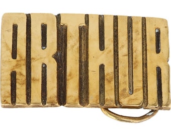 New Brass Arthur Art Artie Arturo Name Tag 1970s Nos Vintage Belt Buckle Throwback Hippy Retro Bubble Letter Bar Hello My Is