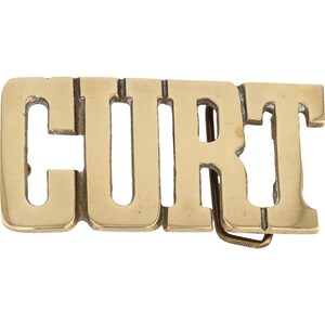 Hebilla de cinturón vintage de latón nuevo de Curt Curtis Curton Curtez con nombre de los años 80, estilo hippie, estilo retro, con letras de burbuja y barra "Hola, mi Is"