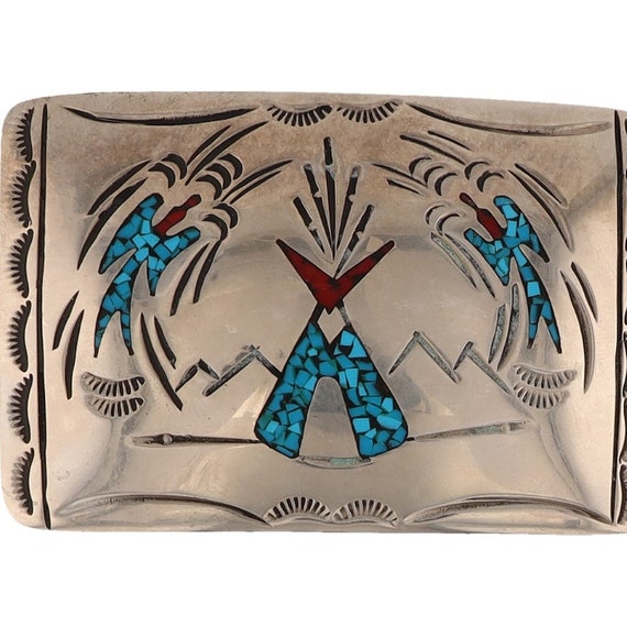 Astronomical Vintage Native American Navajo Turquoise Inlay Sterling Silver Bracelet Astronomical Vintage Native American Navajo Turquoise Inlay Sterling Silver Bracelet