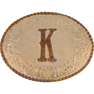 Hebilla de cinturón vintage con inicial de la letra P K en plata, nombre Kelly, Karl, Kevin, Kyle, Kane, Kai, Kay, Kristin, etiqueta hippie retro con letras de burbuja