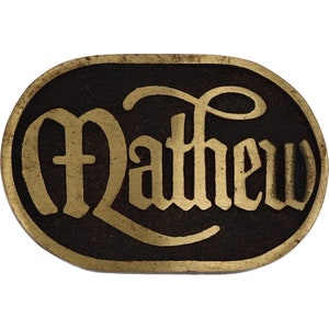 Hebilla de cinturón de latón mate con nombre Mathew, estilo hippie, retro occidental, Matthew, años 70, vintage, monograma, letra personalizada, inicial, vieja escuela