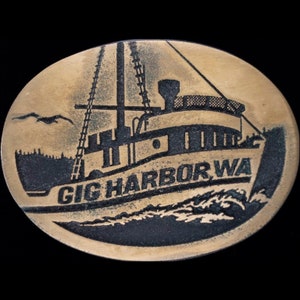 Brass Gig Harbor Washington Wa Bay Puget Sound Pierce County 1980s Nos Vintage Belt Buckle Pnw Maritime Mount Rainier State City Coastal