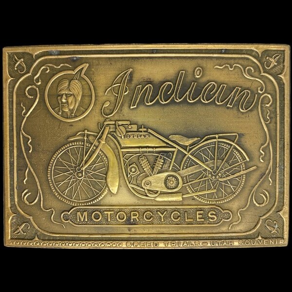 Brass Indian Motorcycle Motocycle Scout Laughing Chief Biker 1970s Vintage Belt Buckle Utah Speed Trials Emblem Badge Logo Rider Club Mc