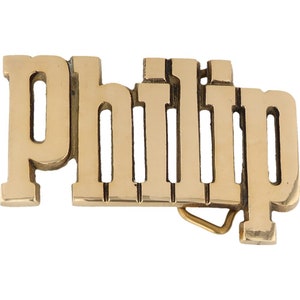 Nueva etiqueta de nombre de latón Philip Phil Phillip, hebilla de cinturón vintage de los años 80 con letras de burbuja estilo hippie retro, barra con texto "Hola, mi hijo"