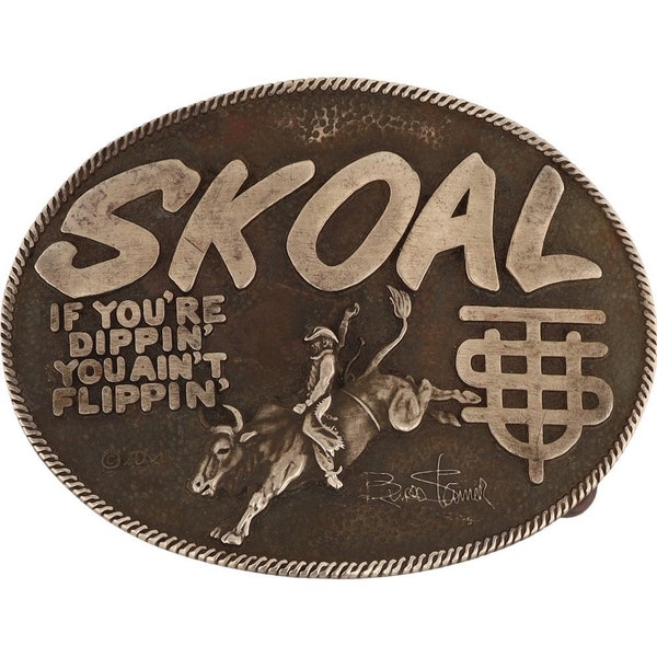 Brass Skoal Chewing Tobacco Chew Rodeo Cowboy Western 1980s Vintage Belt Buckle Bull Rider Riding Snuff Dip Tobacciana Biker Tabaks Day Pro