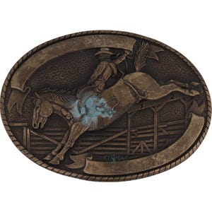 Brass Bucking Bronc Bronco Rider Wyoming Horse Rodeo Cowboy Vintage Belt Buckle Bareback Champ Champion Western Pro State Logo Seal
