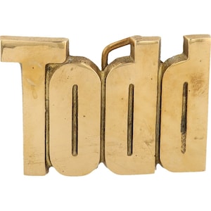Etiqueta de nombre Todd Tod de latón nueva, hebilla de cinturón vintage de los años 70 con texto "Hello My Is" (Hola a todos)