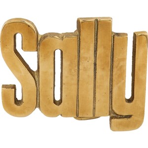 Etiqueta de nombre de latón nuevo Sally Sal Salvador, hebilla de cinturón vintage de los años 70, estilo hippie, estilo retro, con letras de burbuja, estilo hippie, Hola mi amor