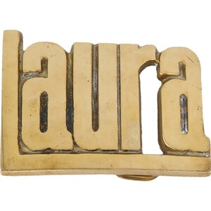 Etiqueta de nombre de Laura Laurie Lora de latón nuevo, hebilla de cinturón vintage de los años 70 con letras de burbuja estilo hippie retro, estilo hippie, Hola mi amor