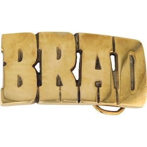 Etiqueta de nombre de latón nuevo Brad Bradley Bradford Brady, hebilla de cinturón vintage de los años 70 con letras de burbuja estilo hippie retro, con texto "Hola a todos"