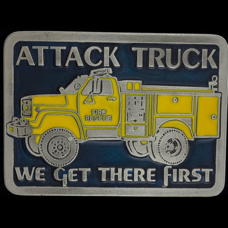 Attack Truck Fire Fighter Man Rescue Fireman Volunteer EMT Firefighter 1980s NOS Vintage Belt Buckle