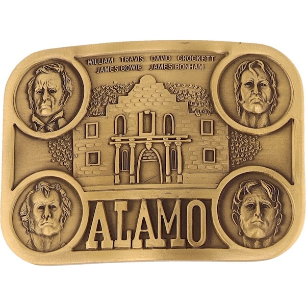 New Brass Alamo San Antonio Texas Texan State Cowboy Western Nos Vintage Belt Buckle William Travis David Crockett James Bowie James Bonham
