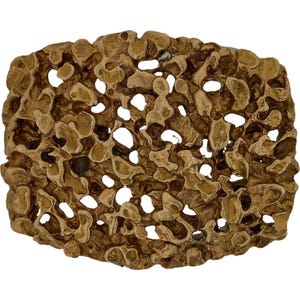 May include: A rectangular, gold-colored object with a porous, organic texture. The surface is uneven, with numerous irregular holes and a rough, pitted appearance. The overall shape is a flattened rectangle.