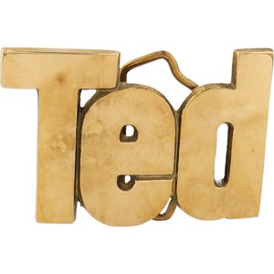 Etiqueta de nombre de osito de peluche Ted Theodore de latón nuevo, hebilla de cinturón vintage de los años 70, estilo hippie, estilo retro, con letras de burbuja y barra "Hola, mi amor".