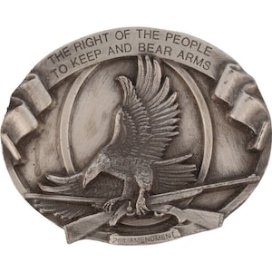 Segunda Enmienda Derechos de Armas Artículo II Western 80s Vintage Cinturón Hebilla Milicia Arma de Fuego Vaquero Cazador Caza Águila Rifle Pistola Motociclista