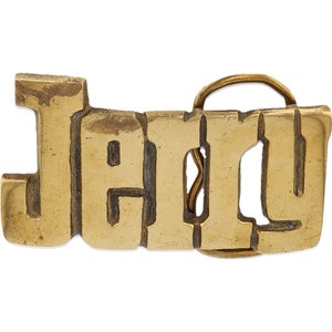Etiqueta de nombre nueva de latón Jerry Gerald Jerrold Jer, hebilla de cinturón vintage de los años 70 con letras de burbuja estilo hippie retro, estilo Hello My Is