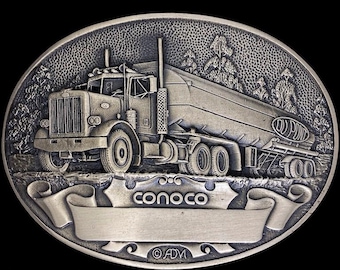 New Conoco Dupont Oilfield Tanker Truck Driver Gift Gas Energy Oil Western Cowboy Collectible Solid Brass 1980s NOS NIP Vintage Belt Buckle