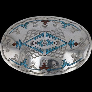 Nakai Nickel Silver Turquoise Coral Chip Inlay Southwestern Geometric Navajo Rodeo Western Cowboy Belt Buckle