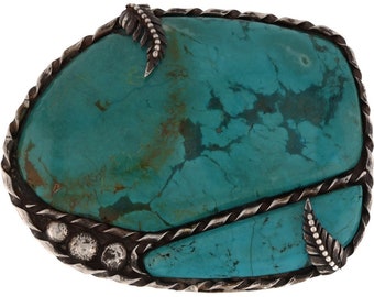 Xxl Sterling Silver Turquoise Native American Handmade Vintage Belt Buckle Slab Blue Gem Indian Cowgirl Cowboy Western Flower Floral Huge