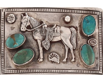 Boucle de ceinture vintage fait main en argent sterling turquoise cheval amérindien jument cow-girl cow-boy western équitation rodéo