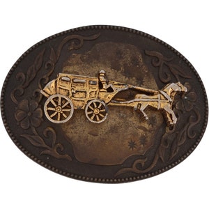 Covered Wagon Horse Drawn Carriage Western Stagecoach 70s Vintage Belt Buckle Wild West Old Oregon Santa Fe Trail Buggy Pioneer Cowboy