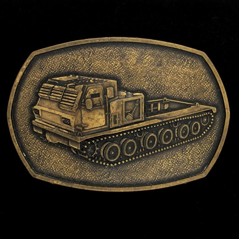 Continuous Track Truck Military Bulldozer Tank Vehicle Earth Mover Commemorative Collectible Memorabilia 1980s Vintage Belt Buckle