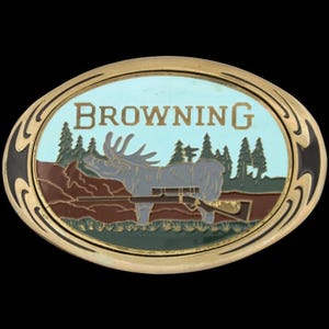 Rifle automático Browning Moose Bar de latón, arma de fuego, compañía de armas, caza, cazador, hebilla de cinturón vintage de los años 80, vaquero occidental, ciervo, alce, escopeta