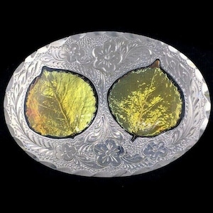 Real Leaf Leaves Under Lucite Fall Autumn Etched Floral Flower Handmade Nature Art Artwork Cowgirl Western New Old Stock Vintage Belt Buckle