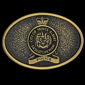 Prince Albert Saskatchewan Canada Police Department Law Enforcement Officer Defunct Commemorative Brass Nos 1980s Vintage Belt Buckle