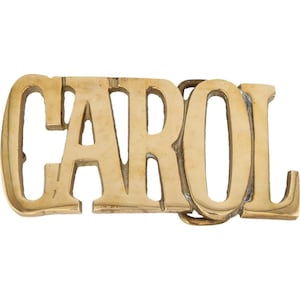 Etiqueta de nombre Carolyn Carolynn de latón nuevo, hebilla de cinturón vintage de los años 70 con letras de burbuja estilo hippie retro, con texto "Hola, mi hijo"