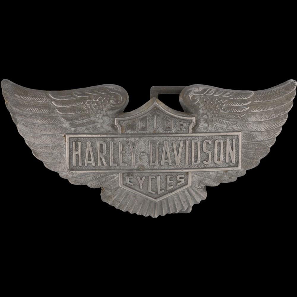 Boucle De Ceinture Vintage Harley Davidson 1974 - Produit Années 70, Métal Argenté Vieilli, Décor Moto