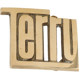 Etiqueta de nombre de Terry Terrence Terrie de latón nuevo, hebilla de cinturón vintage de los años 70 con letras de burbuja estilo hippie retro, estilo hippie, Hola mi amor