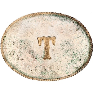 Hebilla de cinturón vintage con letra T de latón, nombre inicial Tyler, Tom, Thomas, Tim, Timothy, vaquera, estilo occidental, floral, plata y oro.