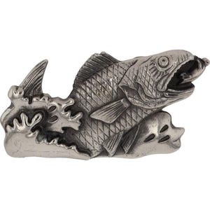 May include: A silver-toned metal fish figurine with a detailed design. The fish is leaping out of the water, with its mouth open and its fins spread out. The figurine is a decorative piece that would be perfect for a nautical themed home.