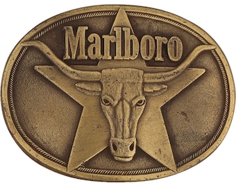 New Brass Marlboro Cattle Bull Longhorn Cigarette Western Cowboy 1980s Vintage Belt Buckle Rancher Tobacciana Tobacco Smoker Texas Star Mile