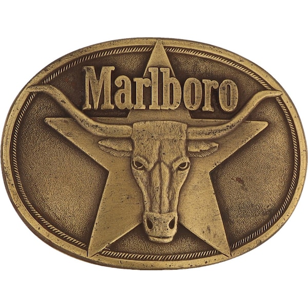 Neue Messing Marlboro Rinder Bulle Longhorn Zigarette Western Cowboy 1980er Jahre Vintage Gürtelschnalle Rancher Tobacciana Tabakraucher Texas Star Mile