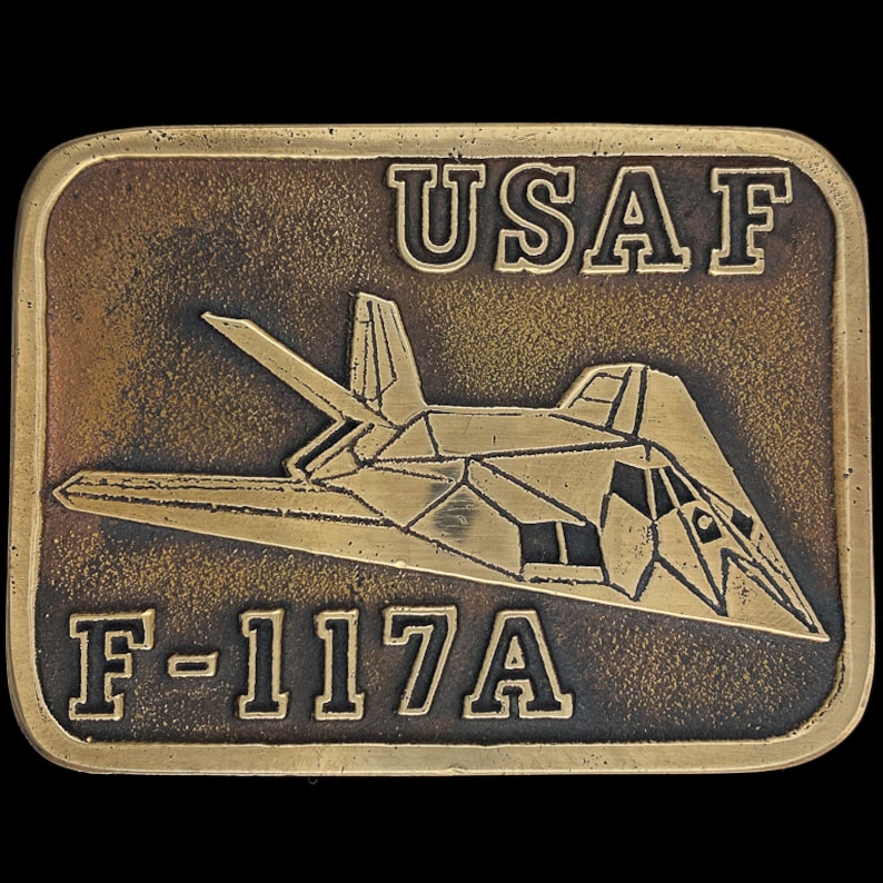 Usaf Lockheed F-117a Nighthawk Jet Aircraft Aviation Military Soldier Vet Veteran Gift Collectible Bronze 1990s NOS Vintage Belt Buckle